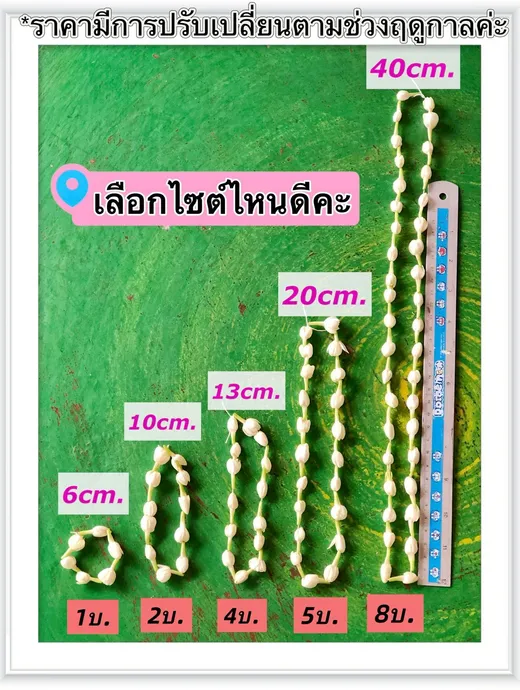 ราคาพวงมาลัยมะลิแก้บนแต่ละขนาด 6 ซม. 1 บาท ถึง 40 ซม. 8 บาท